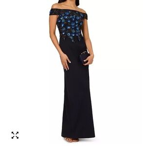 Adrianna Papell Black Off-Shoulder Gown with Blue Sequin Floral Bodice